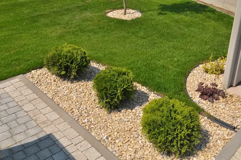 Landscape edging with white pebbles, round evergreen shrubs and lawn.