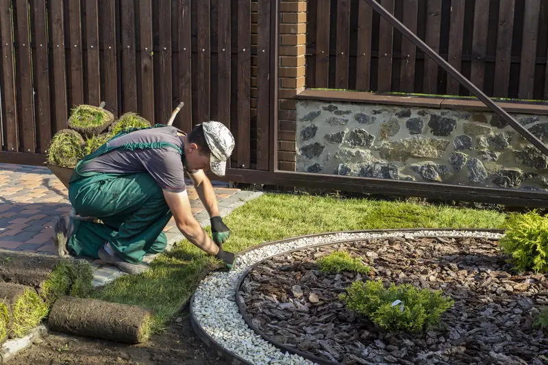 Landscaper installing new sod grass next to a gravel garden border.